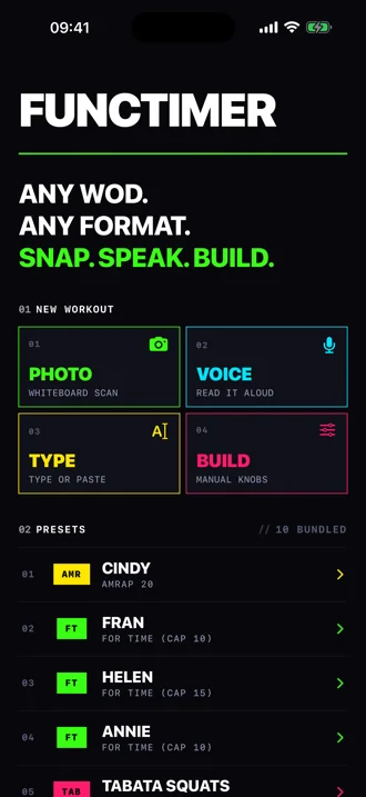 Functimer home screen: photo, voice, type and build inputs plus bundled presets